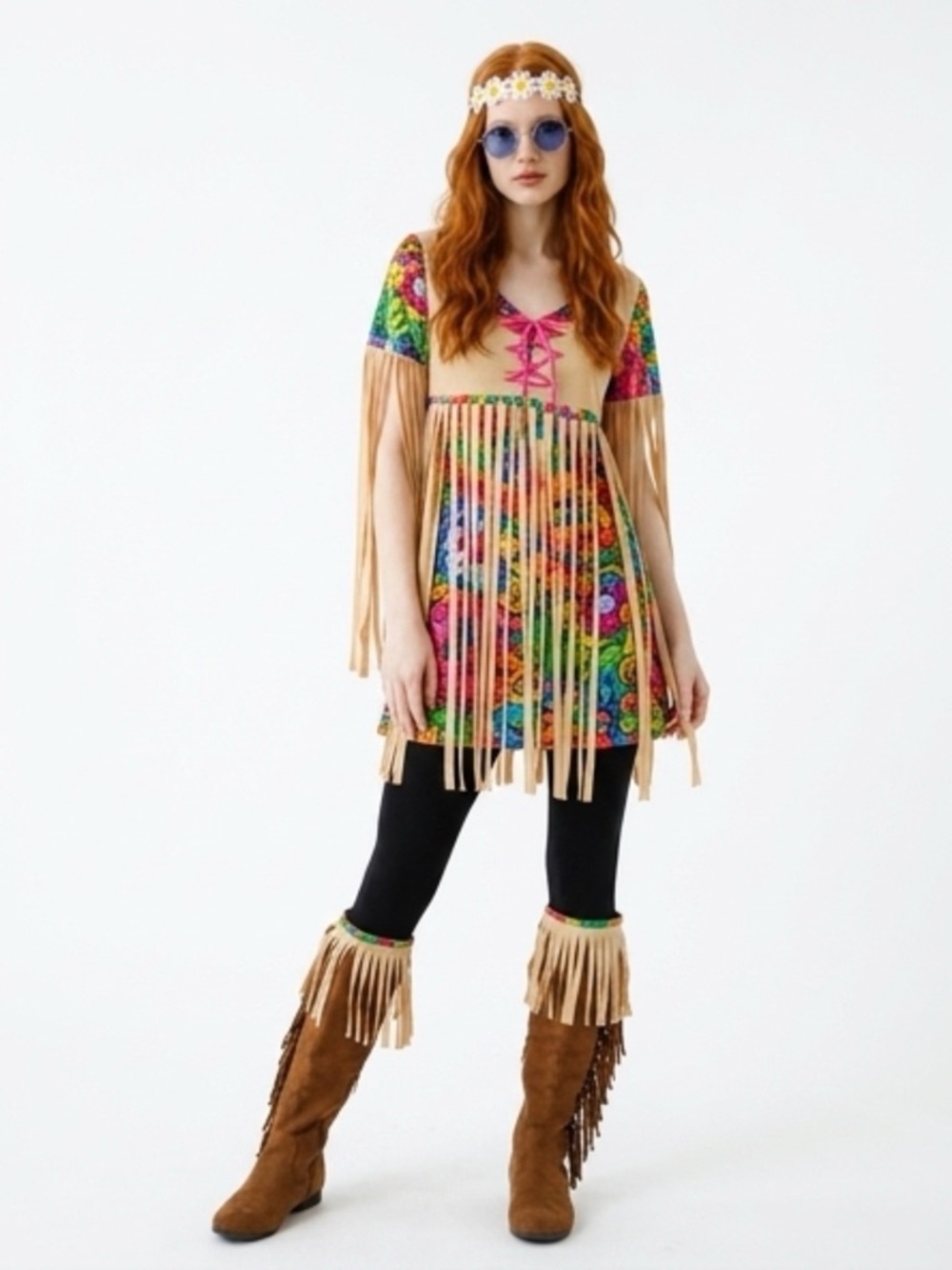 Music Legs Multicolor Fringe Hippie Tunic with Tan Suede Accents